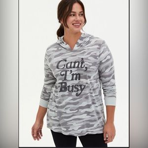 TORRID Can’t I’m Busy Long Sleeve Hooded Tee Shirt Camo Print Classic Fit 2 (2X)